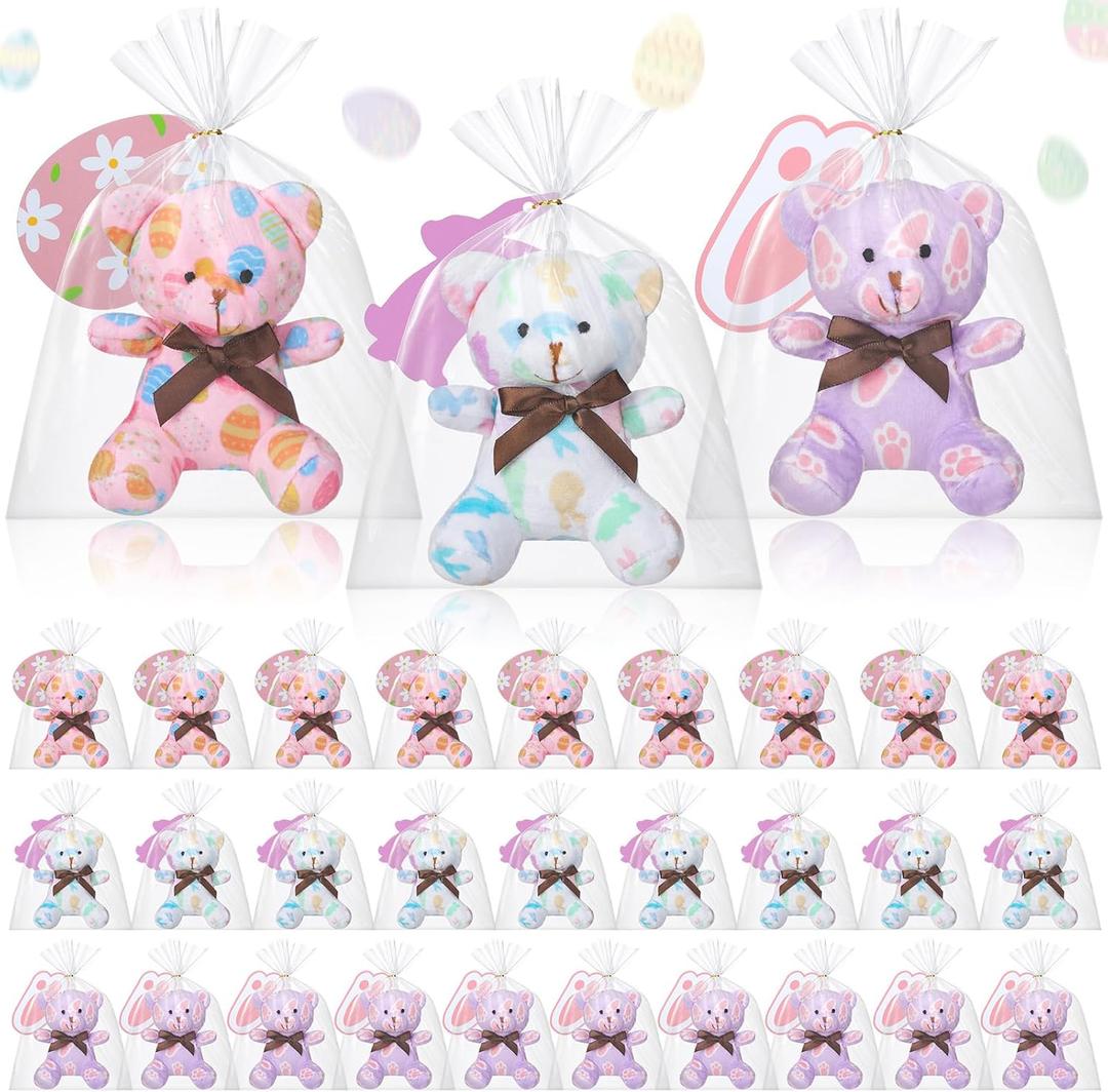 Poen 27 Pack Easter Stuffed Animals Bears with Cards Set Bulk Pastel Bunny Plush Easter Party Favors Baskets Filler Stuffers Classroom Exchange Prize Gift for Egg Hunt Party Favors (White Purple)