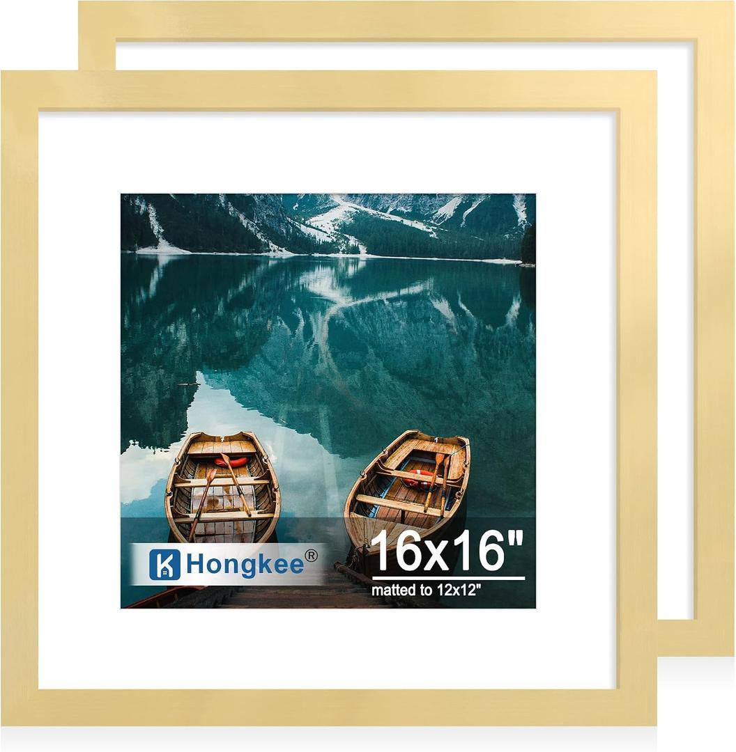 Hongkee 16x16 Frame Set of 2, Gold Wood Style - Display Square 12 x 12 with Mat or 16x16 without Mat, Wall Mounting Horizontal and Vertical