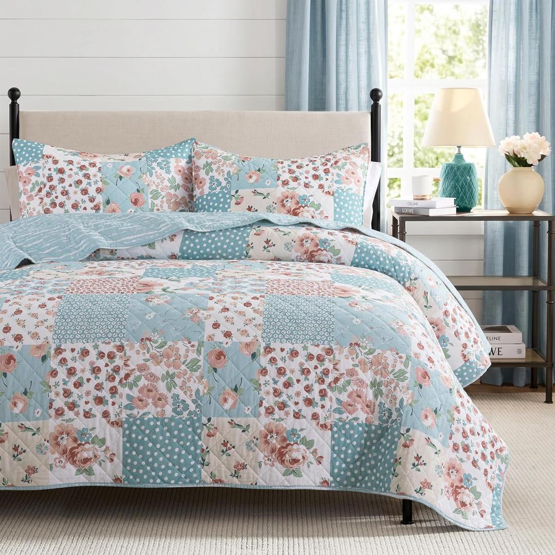 palassio 100% Cotton Reversible Patchwork Quilt,King Size, Pink&Blue