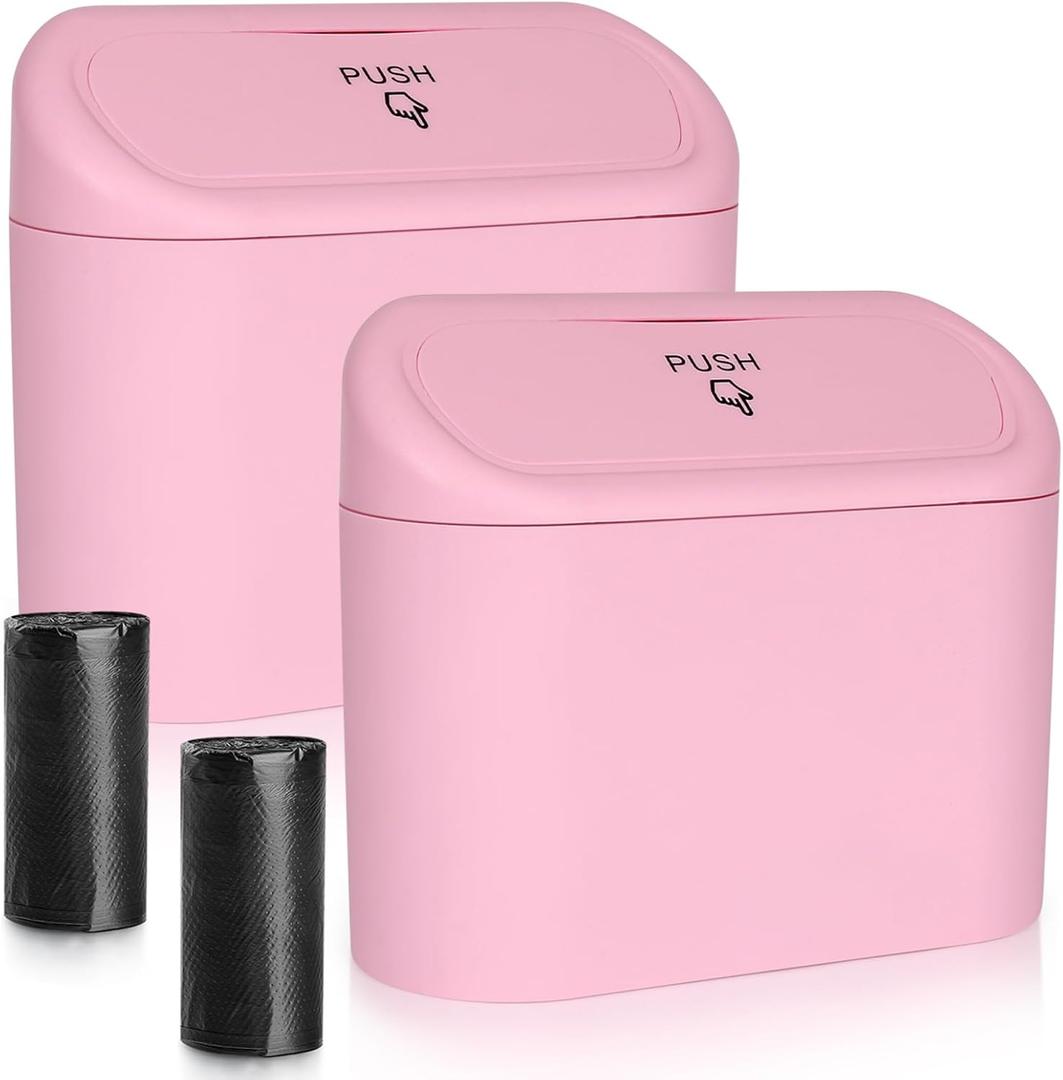 Accmor Car Can with Lid, 2 Pack Pink Mini Vehicle Bin Dustbin Garbage Organizer Holder with Bag, Small Hanging Leakproof Auto Storage Bag Container for Car SUV Home Office