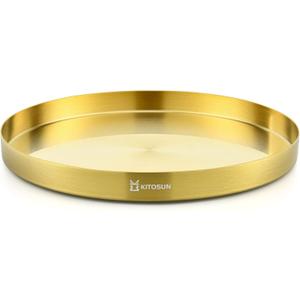 Gold Tray Round Serving Platter - Metal Decorative Plate for Bar Club Lounge Coffee Table Centerpieces Perfume Vanity Jewelry Display Cosmetic Storage Counter Bathroom Organizer (12" W x 1.1" H)