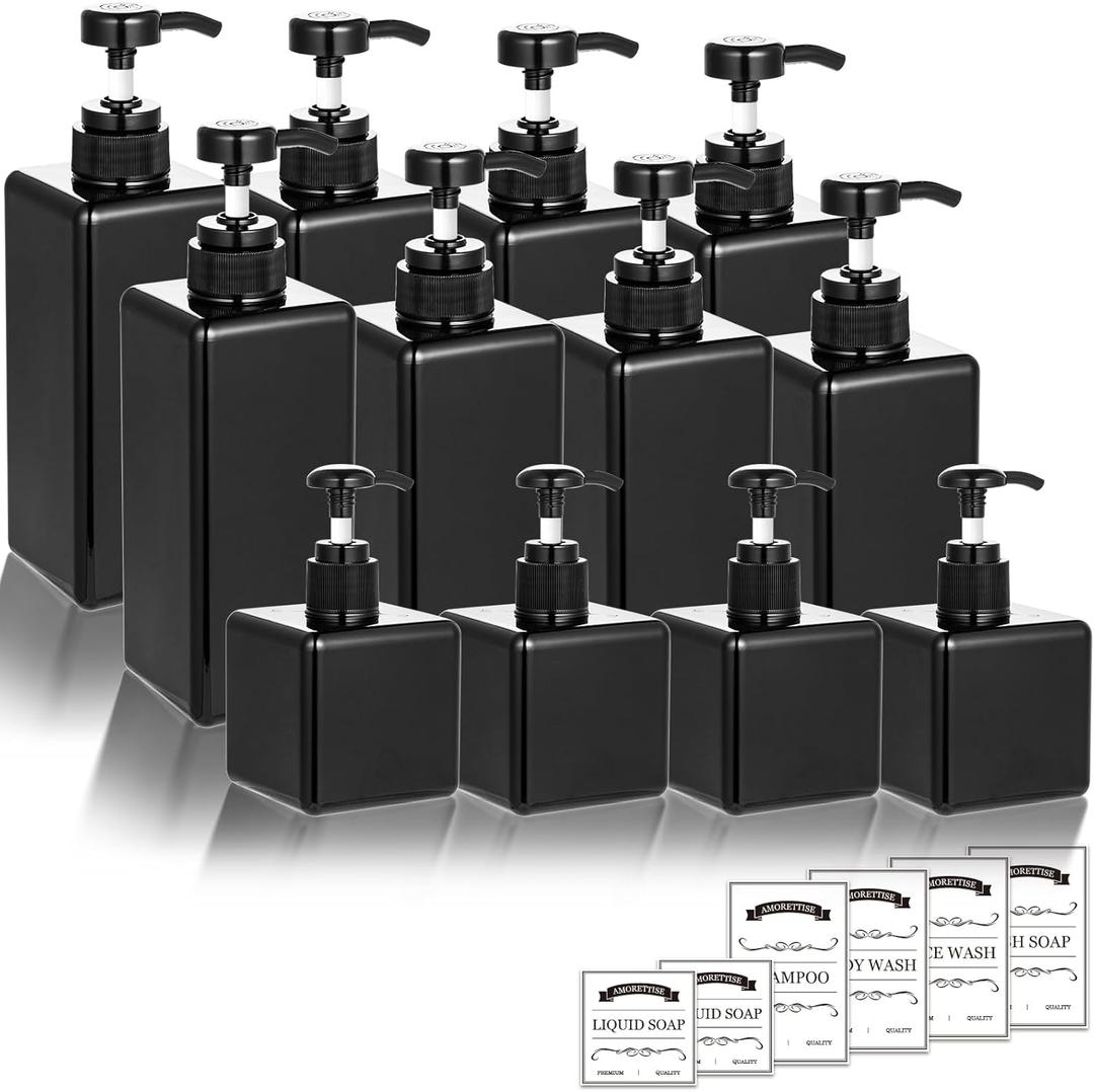 12 Pack Shampoo and Conditioner Dispenser Bottles, 8 Pack 22 Oz and 4 Pack 8 Oz Refillable Square Plastic Pump Bottles for Dispensing Lotions, Shampoo, Conditioner, Body Wash (Black)