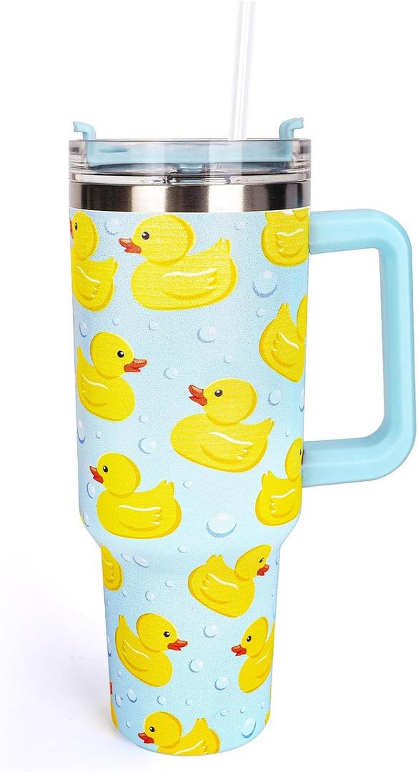 Whaline 40oz Yellow Duck Tumbler with Handle Straw and Lid Cute Animal Travel Tumbler Coffee Cup for Friend Holiday Birthday Party Favors