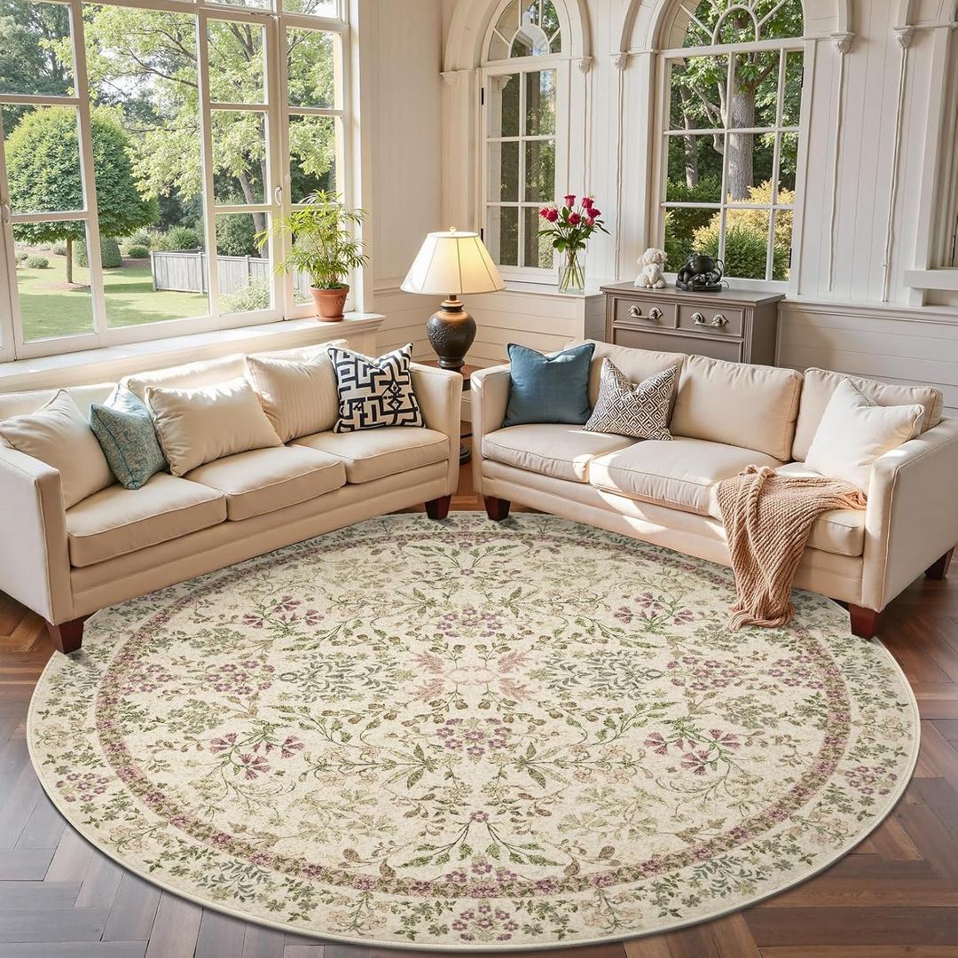 Jinchan Zenith Round Rug 7ft Area Rug Soft 7'Round Vintage Floral Rug Non-Slip Low-Pile Machine Washable Carpet for Bedroom Dining Room Living Room Office Foyer Farmhouse Green