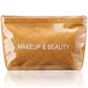 2 Pcs Shinylin Plastic Makeup Bag for Women Brown Kraft Paper Plastic Toiletry Bag Large Capacity PVC Toiletry Letters Print Carry Pouch Zipper Handbag for Women Travel Vacation Bathroom Organizing