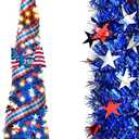 4th of July Decorations Pop Up Tinsel Tree 5FT, Patriotic Pencil Tree with 50 LED Battery Operated Lights & Timer, Collapsible Independence Day Tree with Star Topper & USA 250th Anniversary Sign, Blue
