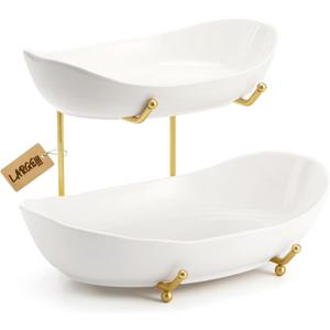 Large Size 2 Tier Ceramic Fruit Bowl,13.4 and 11 inch PlateMore Storage Space, Golden Metal Stand for Kitchen Counter,Porcelain Fruit Basket for Countertop, Snack, Nuts, Cake, Dessert - White
