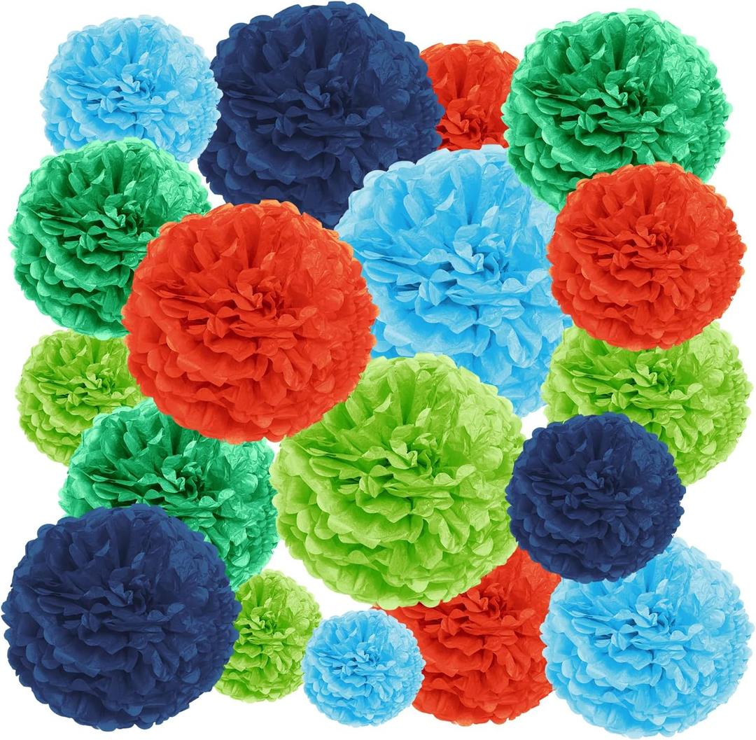 EpiqueOne 20-Piece Tissue Paper Pom Poms Party Decorations Kit - Orange, Blue, Teal, Green & Light Green | Different Sizes - 6", 8", 10", 12" & 14" | Ideal for Birthdays, Bridal or Baby Showers & More