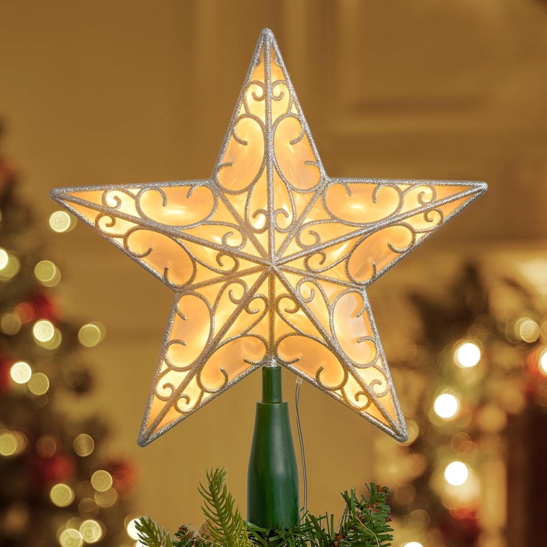 JOIEDOMI 9 inch Silver PVC Star Christmas Tree Topper, with 10 Warm White Light Glitter Swirl Battery Powered Indoor Decorations for Home Holiday Xmas Party