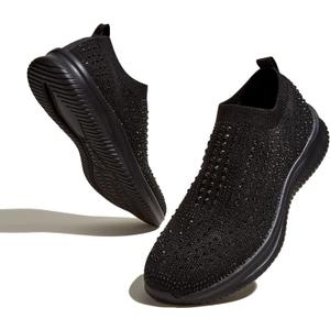 BELOS Women's Rhinestone Mesh Slip On Walking Shoes Fashion Breathable Spakle Glitter Sneaker (11)