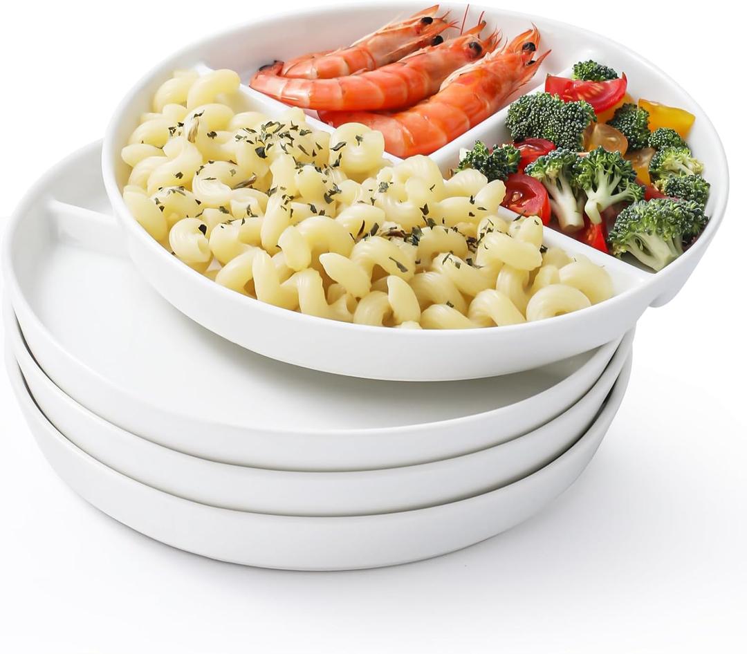 Ceramic Divided Plates Set of 4Pcs, large, White, Portion Control Plate, Reusable Bariatric Plate for Kids Adults, 3 Compartment Plates (9.99in)