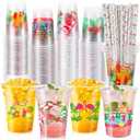 100 Pcs Beach Pool Party Plastic Cups with Straws 12 oz Summer Swimming Disposable Drinking Cups for Beach Pool Luau Holiday Party Favors