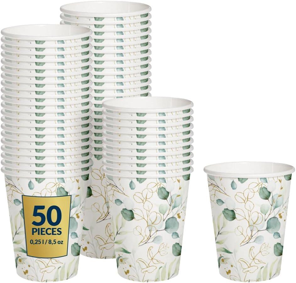 PAW - Disposable Paper Cups (8,5 oz, 50-Pack), Hot & Cold Paper Coffee Cups, Floral Drinking Cups with Golden Eucalyptus Theme for Party, Wedding, Garden Party, BBQ, Picnic