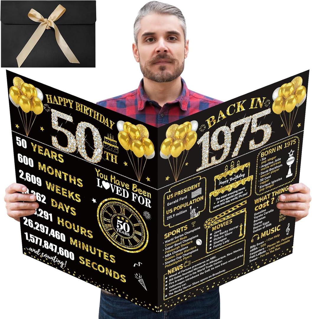 Large 50th Birthday Card With Envelope, Black Gold Happy 50th Birthday Giant Guest Book Gifts for Men Women, Giant Fifty Bday Card Gifts Party Supplies, The Year 1975 Jumbo 50 Bday Card
