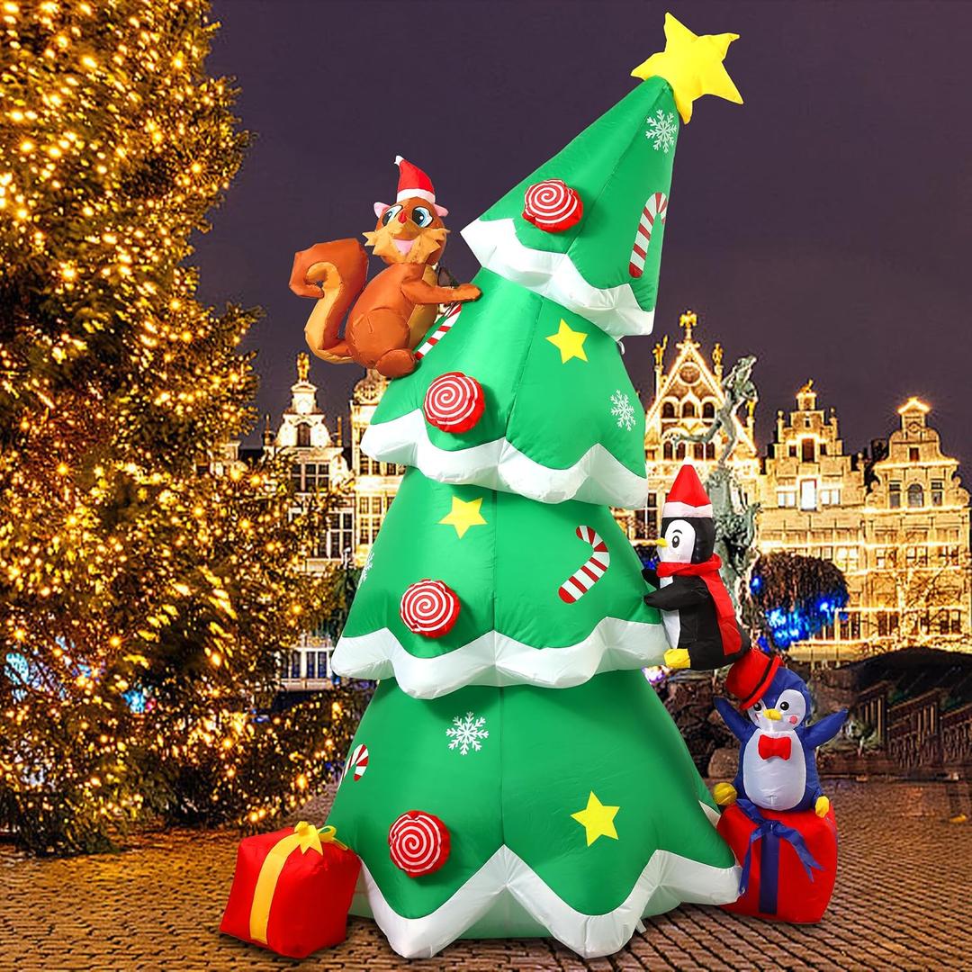 7FT Inflatable Christmas Tree Outdoor Decorations, Blow Up Christmas Tree with Penguins, Xmas Yard Decor with Built-in LED Lights for Indoor, Garden, Lawn, Holiday, Party