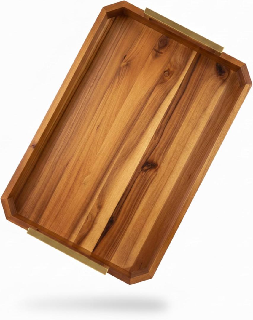 Ottoman Tray Large Wooden Serving Tray with Handles 18"x13" Acacia Wood, Decorative Butler Tray Designed in USA with Anti Slip Pads for Coffee Table, Living Room, Breakfast, Kitchen