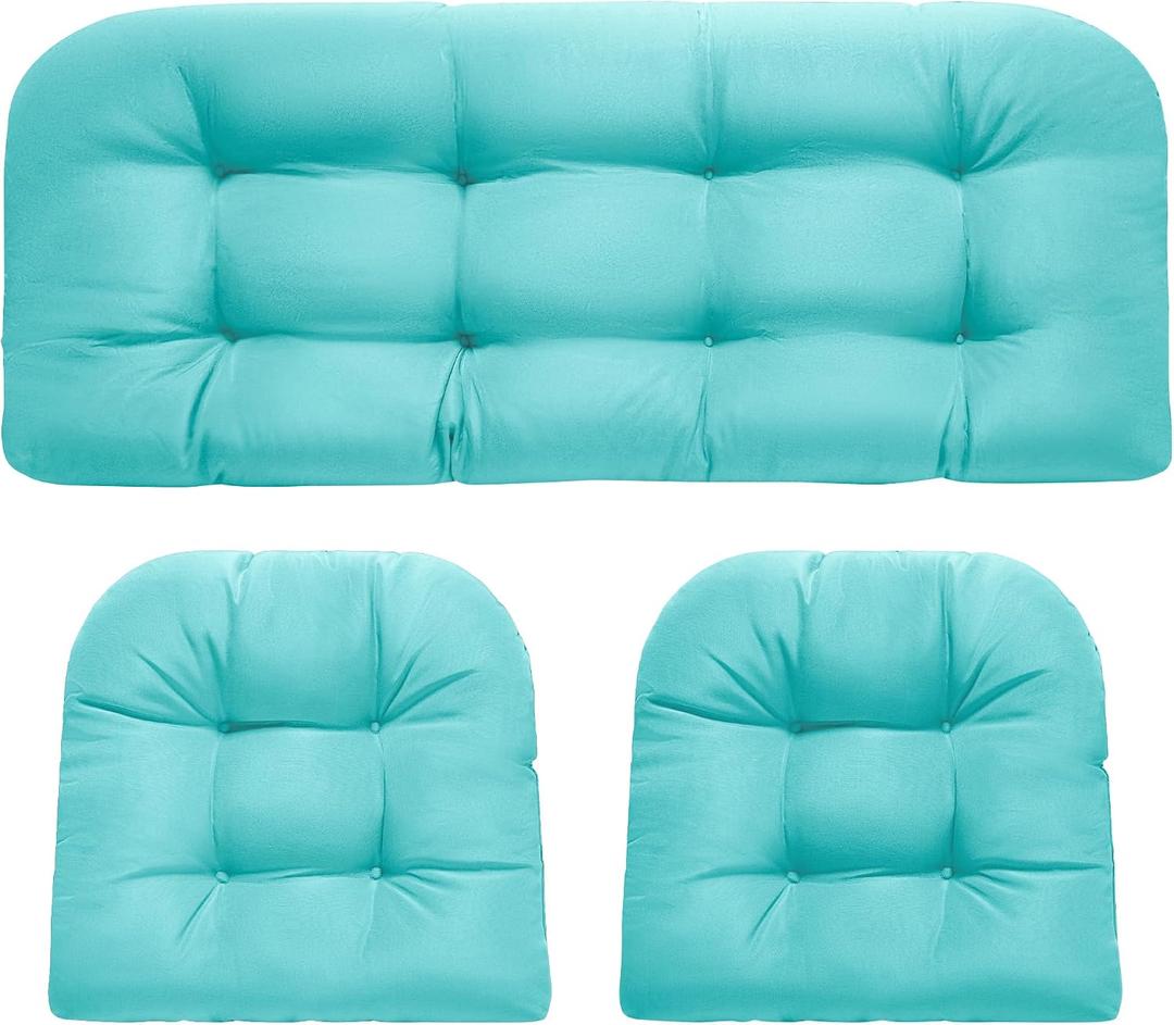 DANGHOOGY Wicker Chair Cushions, Waterproof Outdoor Loveseat Cushions for Patio Furniture, Tufted Wicker Furniture Cushions, 1 Loveseat and 2 U-Shaped Cushions, Teal