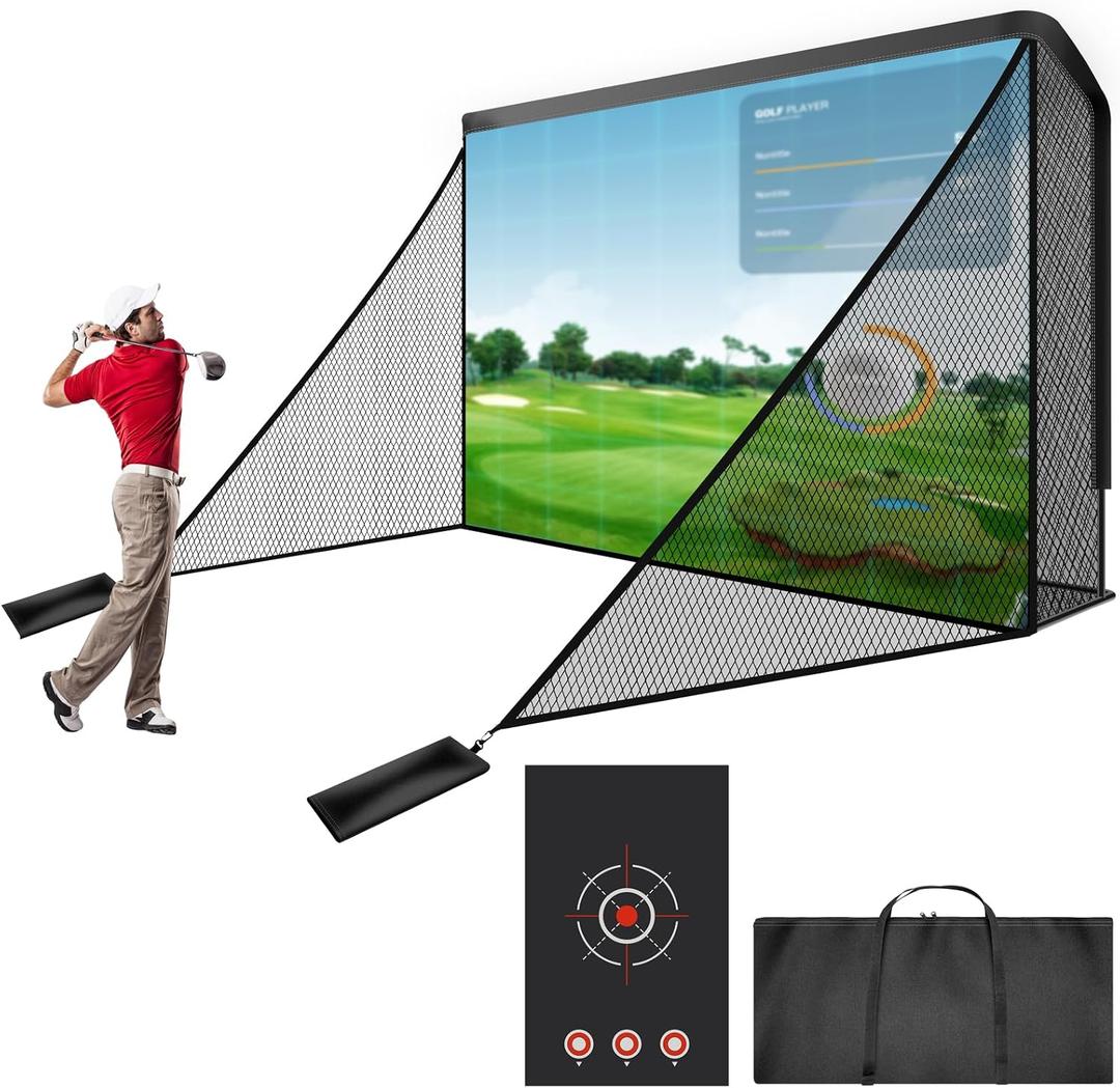 Silipull Golf Cage Net with Simulator Impact Screen Heavy Steel Frame with 2 Net Side Barriers HD Blank Impact Screen and Target Cloth Golf Simulators Enclosure for Home Indoor Outdoor, 10 x 7 ft