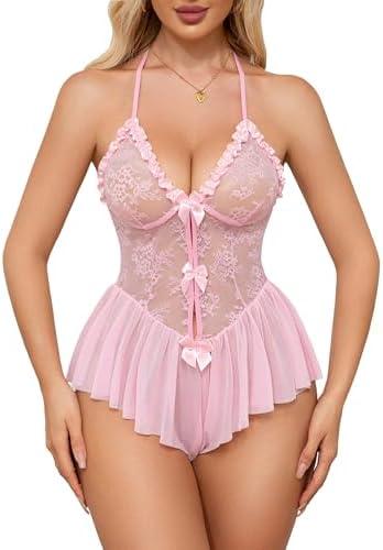 Aranmei Women Sexy Lingerie Bodysuit Lace Teddy V Neck Mesh Chemise One Piece Babydoll Lingerie (Pink,Medium)