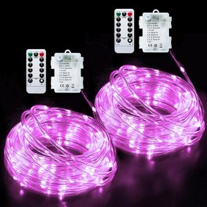 JMEXSUSS 2 Pack Pink String Lights Battery Operated Rope Lights Outdoor, 33ft 100 LED Battery Powered Christmas Lights with Remote, 8 Modes Pink Fairy Light for Garden Party Valentines Day Decorations