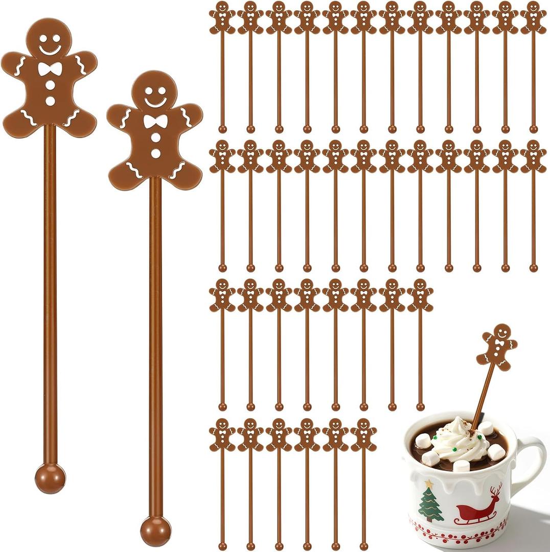 36 Pcs Christmas Drink Stirrers,Gingerbread Man Cocktail Stirrers Plastic Swizzle Sticks Reusable Coffee Stirrer Stir Sticks for Xmas Holiday Party Coffee Tea Hot Cocoa Bar Supplies Decoration