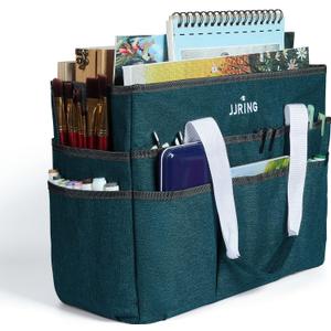 JJRING Craft Organizer Tote Bag, Large Art Storage Caddy with Multiple Pockets, Bluish Green Sewing Bag for Art, Craft, Scrapbooking, School, Medical, and Office Supplies Storage