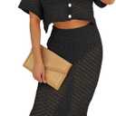 Saodimallsu Women Crochet Beach Cover Up Set Knit Crop Button Short Sleeve Collar Top Bodycon Long Skirt 2 Piece Outfits