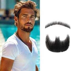 Realistic Human Hair Fake Beard & Mustache Kit - Full Hand Tied Goatee with Invisible Lace, Natural Facial Hair for Men, for Halloween Costume, Cosplay Party & Theatrical Makeup Props(Black)