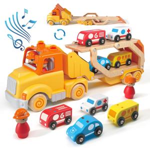Toddler Car Toys for 2 3 4 5 Years Old Kids, Transport Carrier Truck Toy with 4 Wooden Vehicle, 24IN Foldable Track Trailer with Light & Sound Effects, Best Gift Choice for Christmas, Birthday