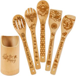 6 PCS Bee Wooden Cooking Bamboo Spoons Set,Bumble Bee Kitchen Utensil Decor and Accessories for Home,Honeybee Themed Gifts for Women, Honeybee Stuff for Bee Lovers,Christmas