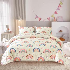 Btargot Lightweight Soft 3 Piece Rainbow Comforter Set with 2 Pillow Covers, Cartoon Love Hearts Flowers and Grass Bedding Set for Girls Boys Kids, Twin Multi-Color