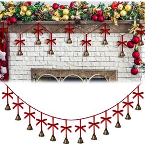 70.87 Inches Christmas Bells Garland with Red Velvet Bow Vintage Jingle Bell Hanging Decorations on String Rustic Rust Ornaments for Xmas Tree Mantle Fireplace Home Eave Wall Door Decor