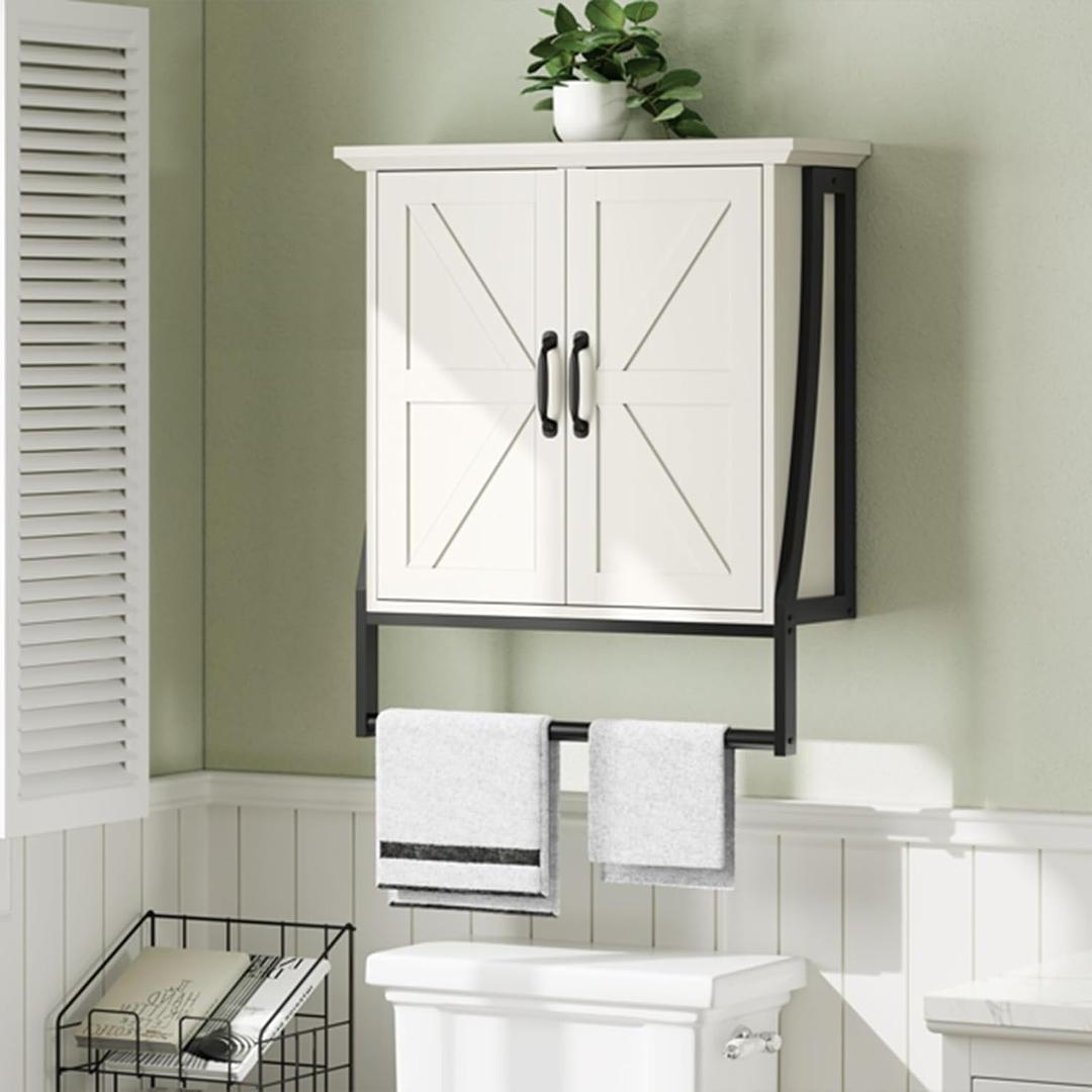 MXARLTR Bathroom Cabinet Wall Mounted Bathroom Wall Cabinet Above Toilet with Adjustable Shelf, 2 Barn Door Wall Cabinet for Bathroom Storage Wall Hanging Medicine Cabinet with Towel Bar (White)