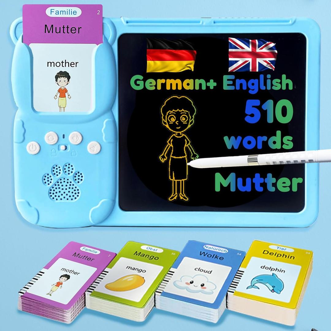 Drawing Tablet with Bilingual Flashcards for Kids - German English Talking Flash Cards, LCD Writing Pad Board, Pocket Speech for Toddlers, Learning Toy Gift for Boys Girls (German, Blue)