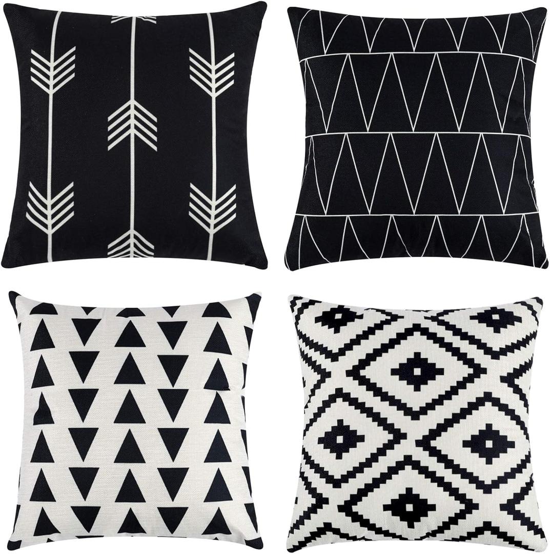 Tosewever Set of 4 Decorative Geometric 18 x 18 Inches Throw Pillow Covers - Modern Pattern Linen Square Pillow Cushion Case for Sofa Couch Bed Home Outdoor Car (18" x 18", Black)