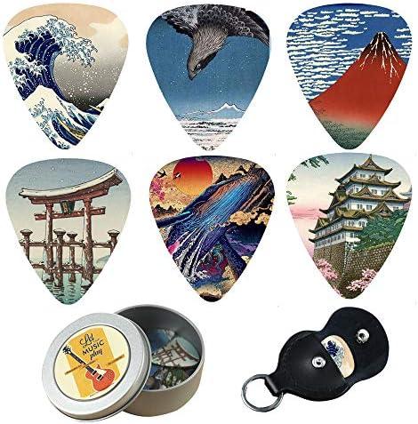 Guitar Picks - Cheliz 9 Medium Gauge Celluloid Guitar Picks In a Box W/Picks Holder. Unique Guitar Gift For Bass, Electric & Acoustic Guitars (Japanese Culture)