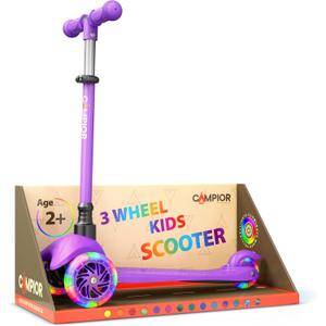 Purple Mini 3 Wheel Scooter for Kids Lean-to-Steer with LED Light-Up Wheels, Adjustable Handlebar, Wide Anti-Slip Deck, Smooth PU Wheels, Rear Foot Brake Toddler Scooter for Ages 2+, Compact