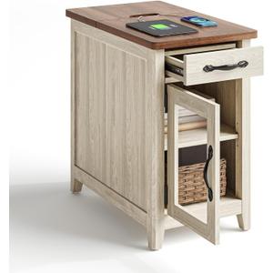 LINSY HOME Farmhouse End Table with Charging Station, Narrow Side Table for Living Room, Sofa Side Table with Drawer and Storage Cabinet, Small Nightstand for Home Office (Glass Door, Washed Grey and Brown)