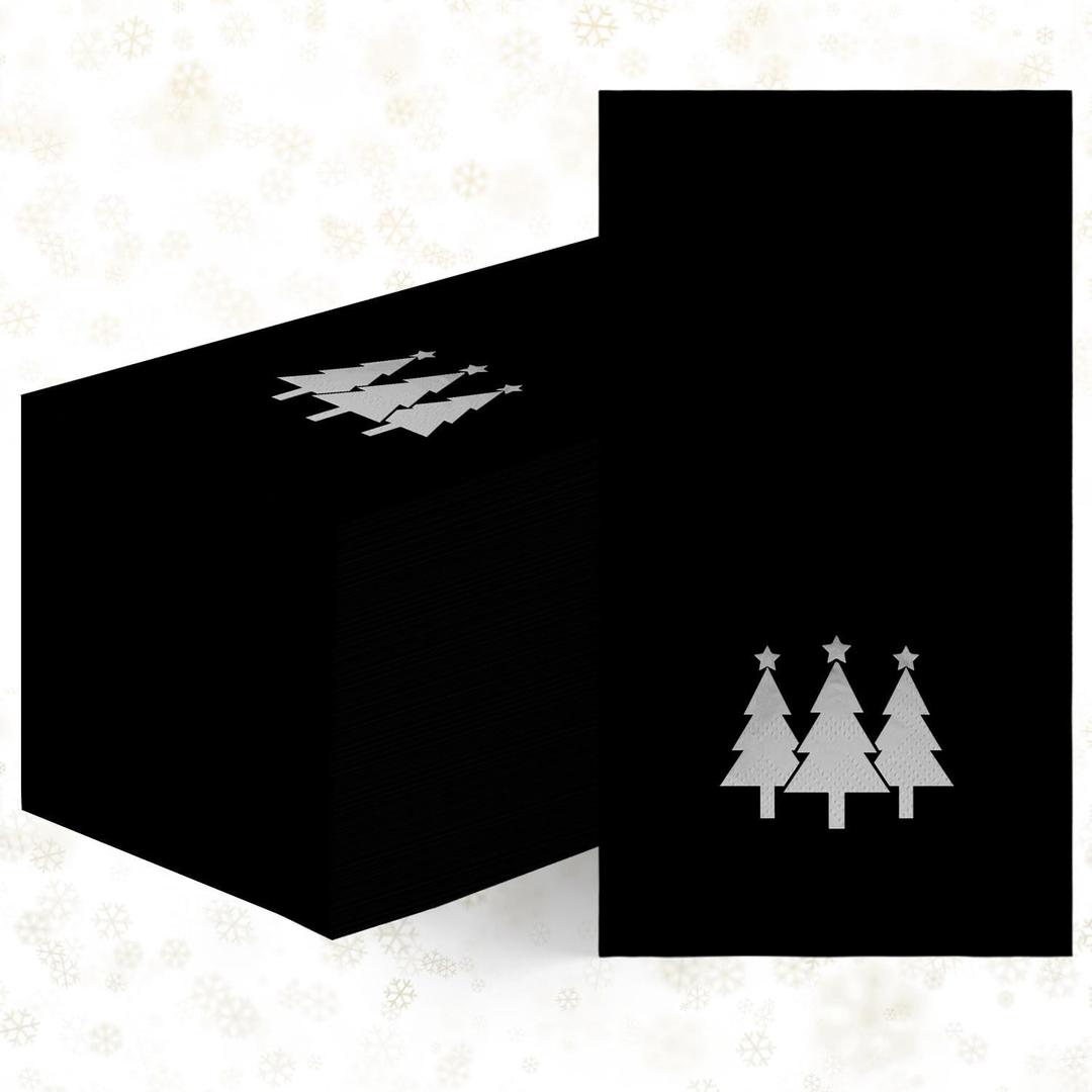 Horaldaily 100 Christmas Disposable Paper Decorative Guest Napkins, Black Paper Silver Foil Christmas Trees Hand Towel for Party Lunch Dinner Kitchen Bathroom (4.3 X 7.9 inches)