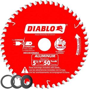 Diablo Saw Blade for Medium Aluminum - 5-3/8" Diameter, 50 TCG Teeth, 20mm Arbor, .061" Kerf, -5 Hook Angle, .039" Plate, 14500 Max RPM - D053850NMX