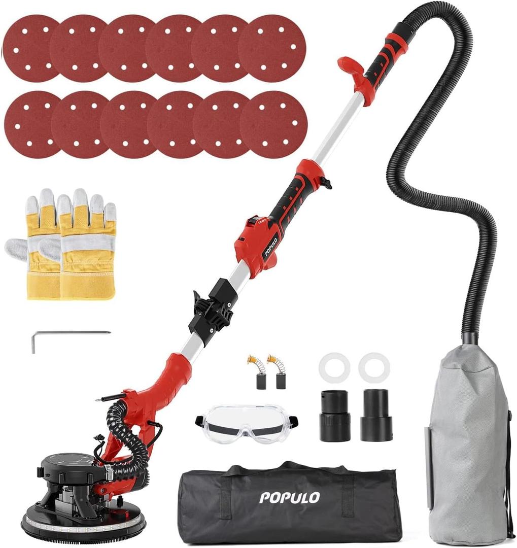 POPULO Drywall Sander, 810W 7A Electric Drywall Sander with Vacuum Attachment, Variable Speed 900-1,800RPM Power Wall Sander with 12 Pcs Sanding discs, LED Light, Dust Hose, and Extension Handle