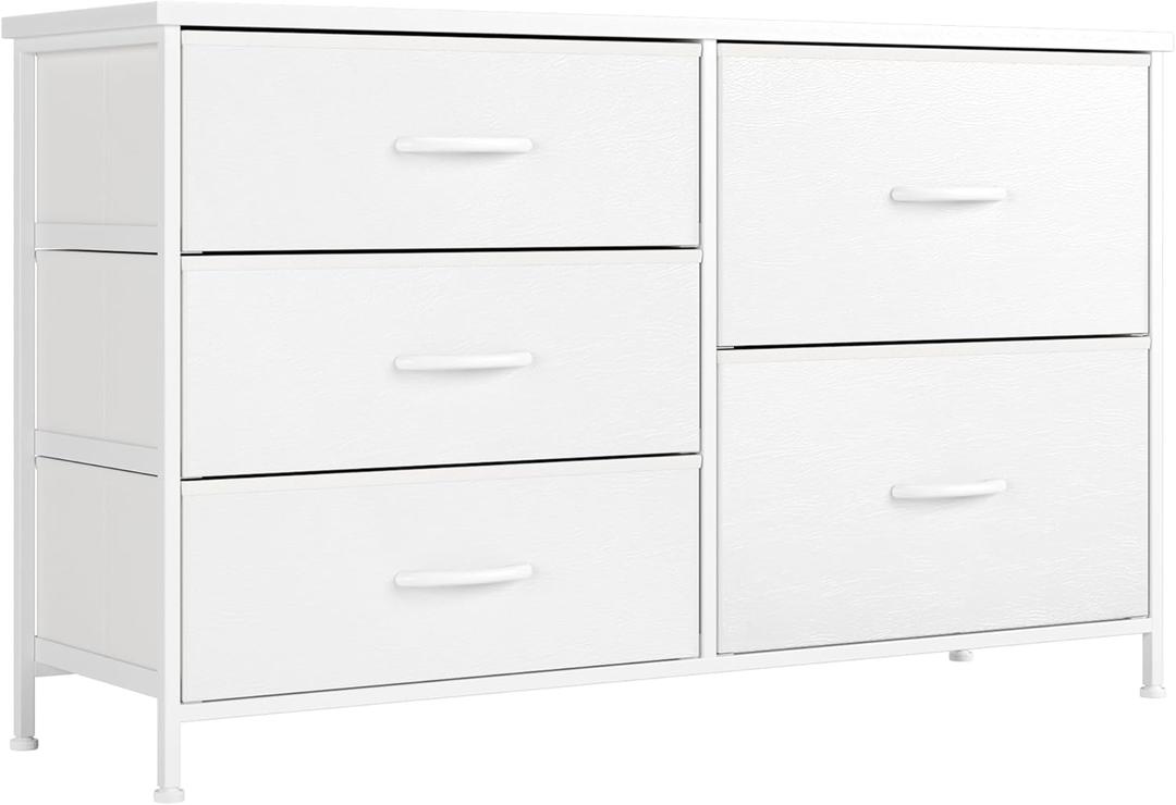 Nicehill White Dresser for Bedroom with 5 Drawers, Small Dresser for Kids' Bedroom, Closet, Wide Chest of Drawers with Fabric Storage Drawers, Wooden Top, Steel Frame, Modern, White (11.7"D x 39.4"W x 23.2"H (5 Drawers))