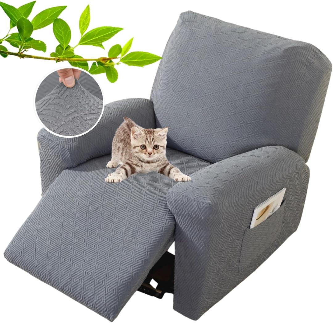 XINEAGE 4-Piece Recliner Cover Stretch Jacquard Slipcover with Pocket, Washable Recliner Chair Protector for Kids, Pets, Dogs, Cats (Light Gray)