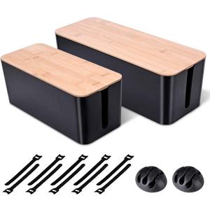 2 Pack Large Cable Management Box  Wooden Style Cord Organizer Box and Cover for TV Wires, Computer, Router, USB Hub and Under Desk Power Strip  Safe ABS Material and Baby-Pets Proof Lock (Black)