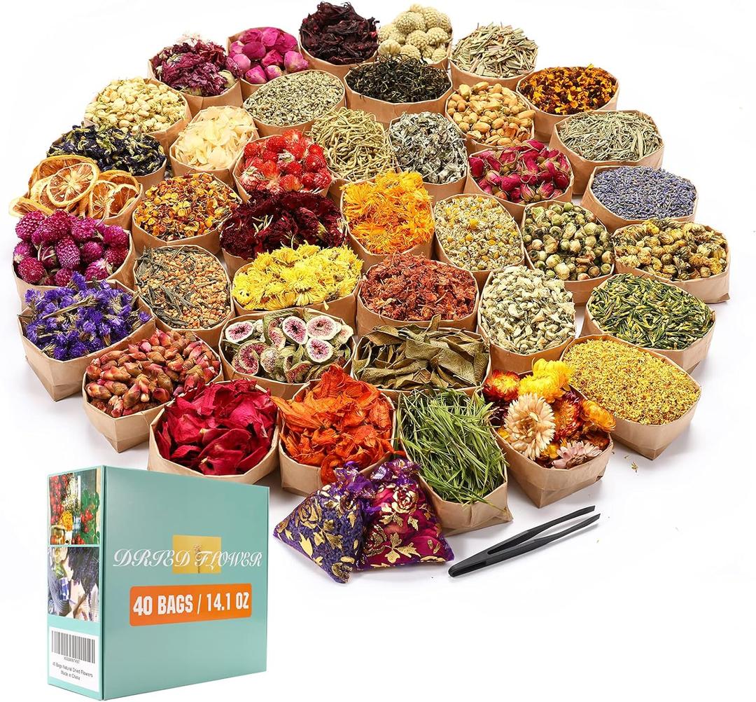 40 Bags Natural Dried Flowers Kit, Natural Dried Herbs with 2 Mesh Drawstring Bag for Soap,Candle,Resin Jewelry Making,Bath,Nail - Rose Petals,Rosebuds,Lilium,Jasmine,Don't Forget Me and More (40 Bags*10g)