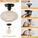 Semi Flush Mount Ceiling Light, Black Vintage Kitchen Ceiling Lights, Amber Striped Glass Close to Ceiling Light Fixtures for Living Room, Hallway, Bedroom