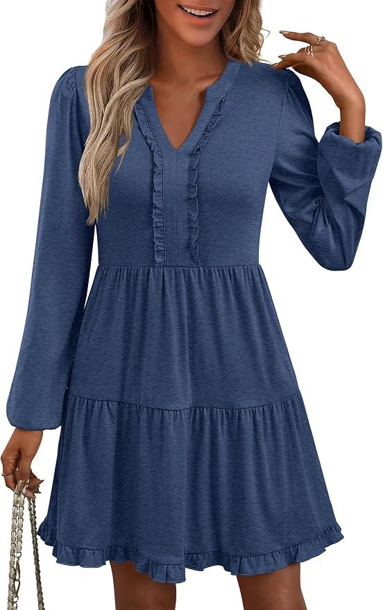 ANRABESS Womens Long Sleeve Dress 2025 Fall Casual V Neck Tiered Flowy Swing Short Mini Dresses Beach Travel Vacation Outfits, X-Large
