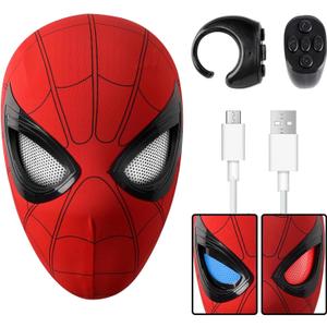 Spider Hero Mask with Moving Eyes and LED Lights, Ring Remote, Halloween Roleplay Mask Costume for Teens and Men, Realistic Full Face Cosplay Prop for Christmas & Birthday Parties