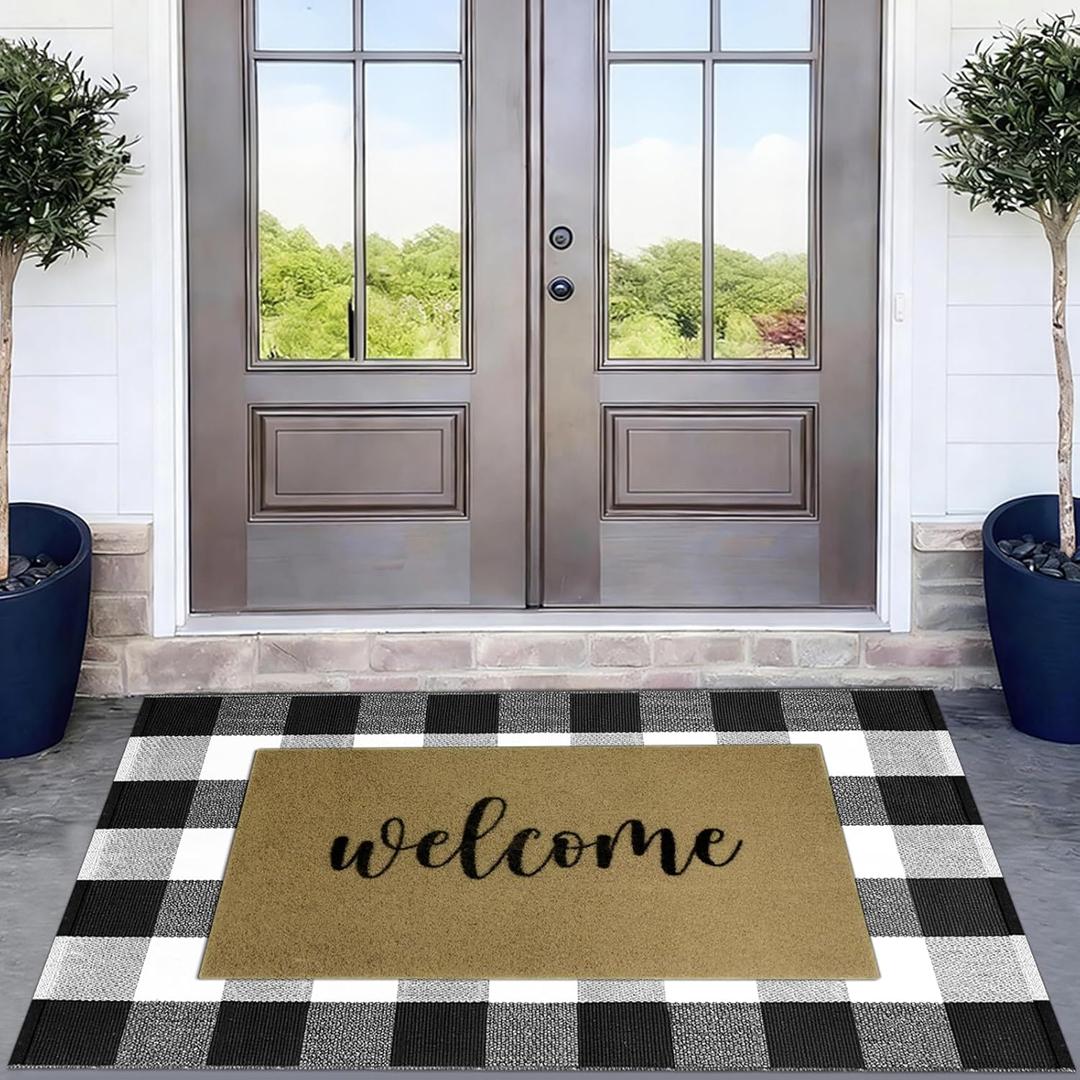 2 Pcs Door Mat100% Coco Coir Welcome Doormat + 27.5" x 43" Buffalo Black and White Plaid RugSpring Front Porch Entryway Decor Indoor Outdoor Floor Mats
