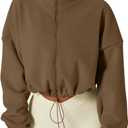 QINSEN Women's Full Zip Fleece Short Jacket Warm Winter Long Sleeve Stand Collar Sherpa Crop Coat Chestnut M